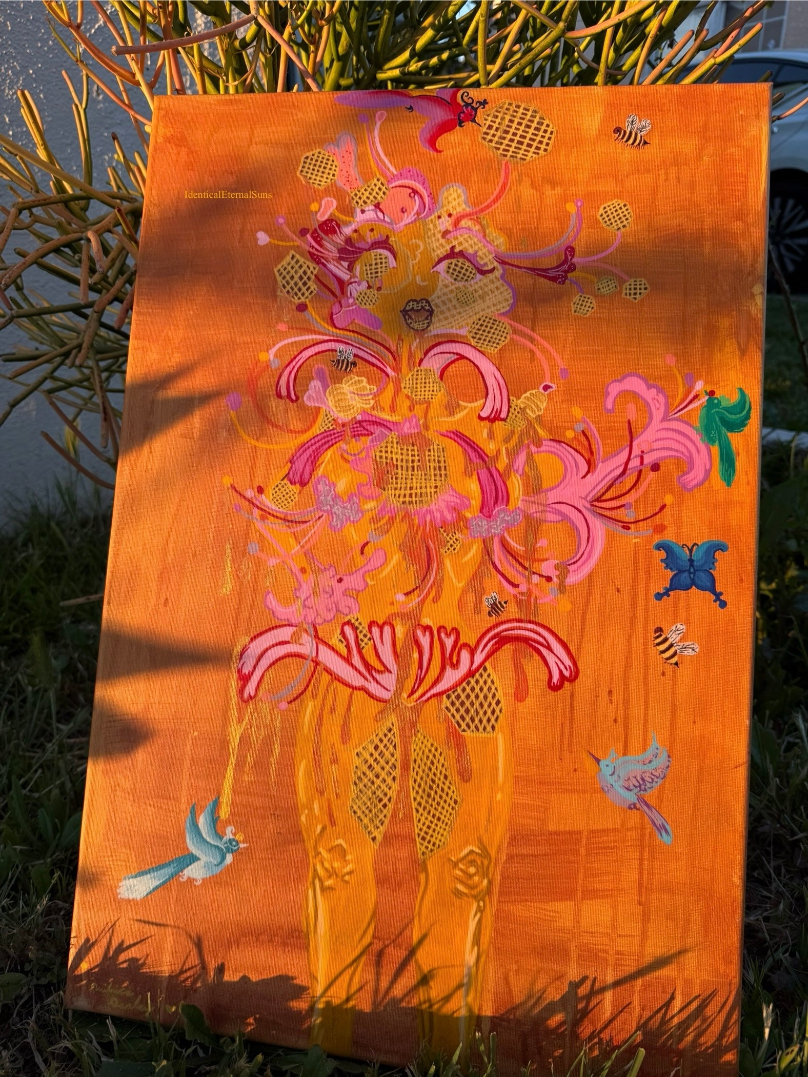 Abundantka Honeysuckle: the honeycomb femme Original Painting, flowerpower, sacred feminine, bee priestess, milk and honey, creator, heaven on earth, surrealism, Abundantka Honeysuckle honeycomb femme, painting, golden hour, golden, honey, nectar, radiance, brilliance, abundance, beauty, sweetness, fantastical art, surreal paintings, whimsical artwork, colorful surrealism, detailed fantasy art, vibrant surreal art, highly detailed paintings, maximalist art, colorful fine art, imaginative painting, dreamlike