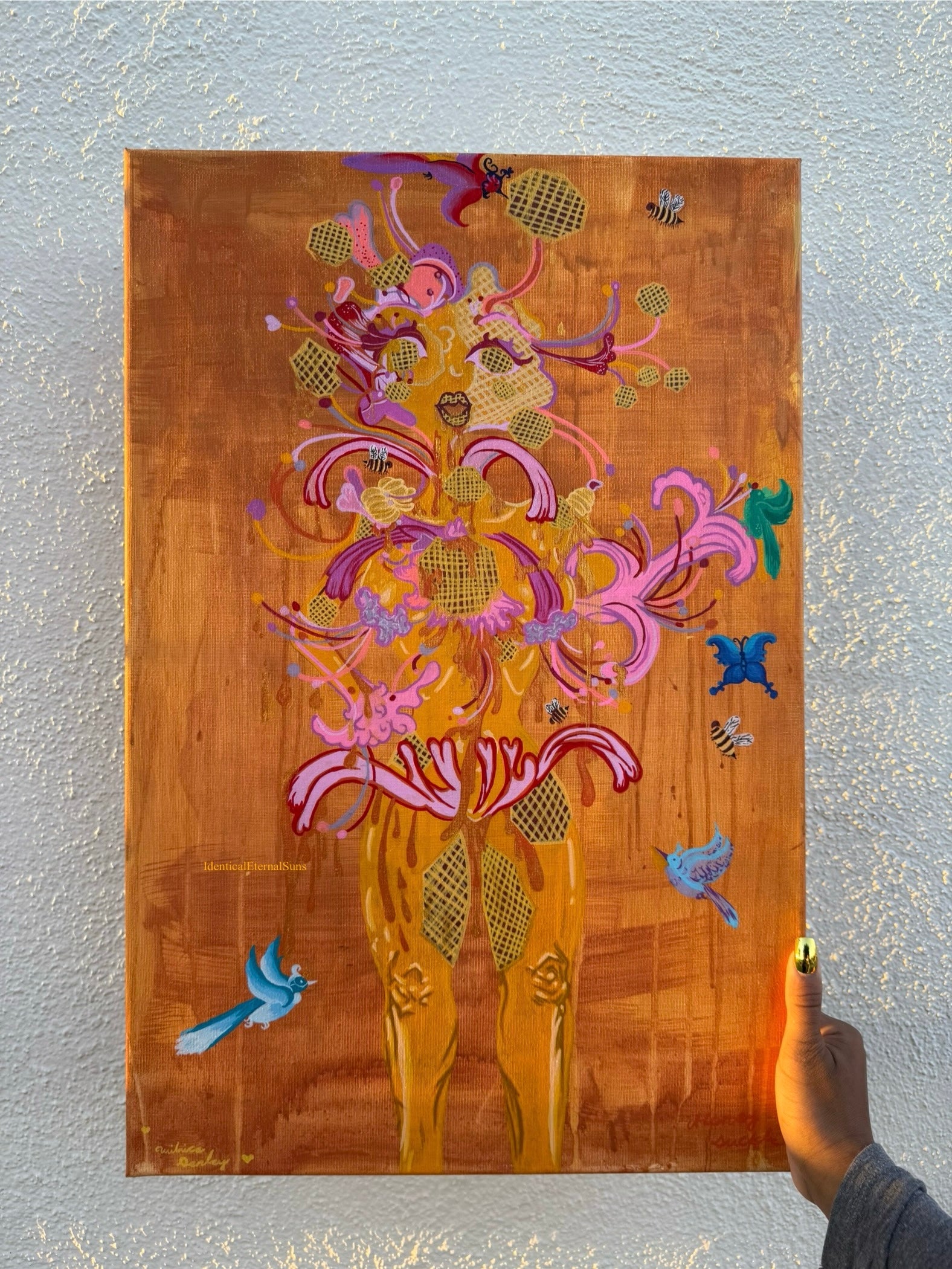 Abundantka Honeysuckle: the honeycomb femme Original Painting, flowerpower, sacred feminine, bee priestess, milk and honey, creator, heaven on earth, surrealism, Abundantka Honeysuckle honeycomb femme, painting, golden hour, golden, honey, nectar, radiance, brilliance, abundance, beauty, sweetness, fantastical art, surreal paintings, whimsical artwork, colorful surrealism, detailed fantasy art, vibrant surreal art, highly detailed paintings, maximalist art, colorful fine art, imaginative painting, dreamlike