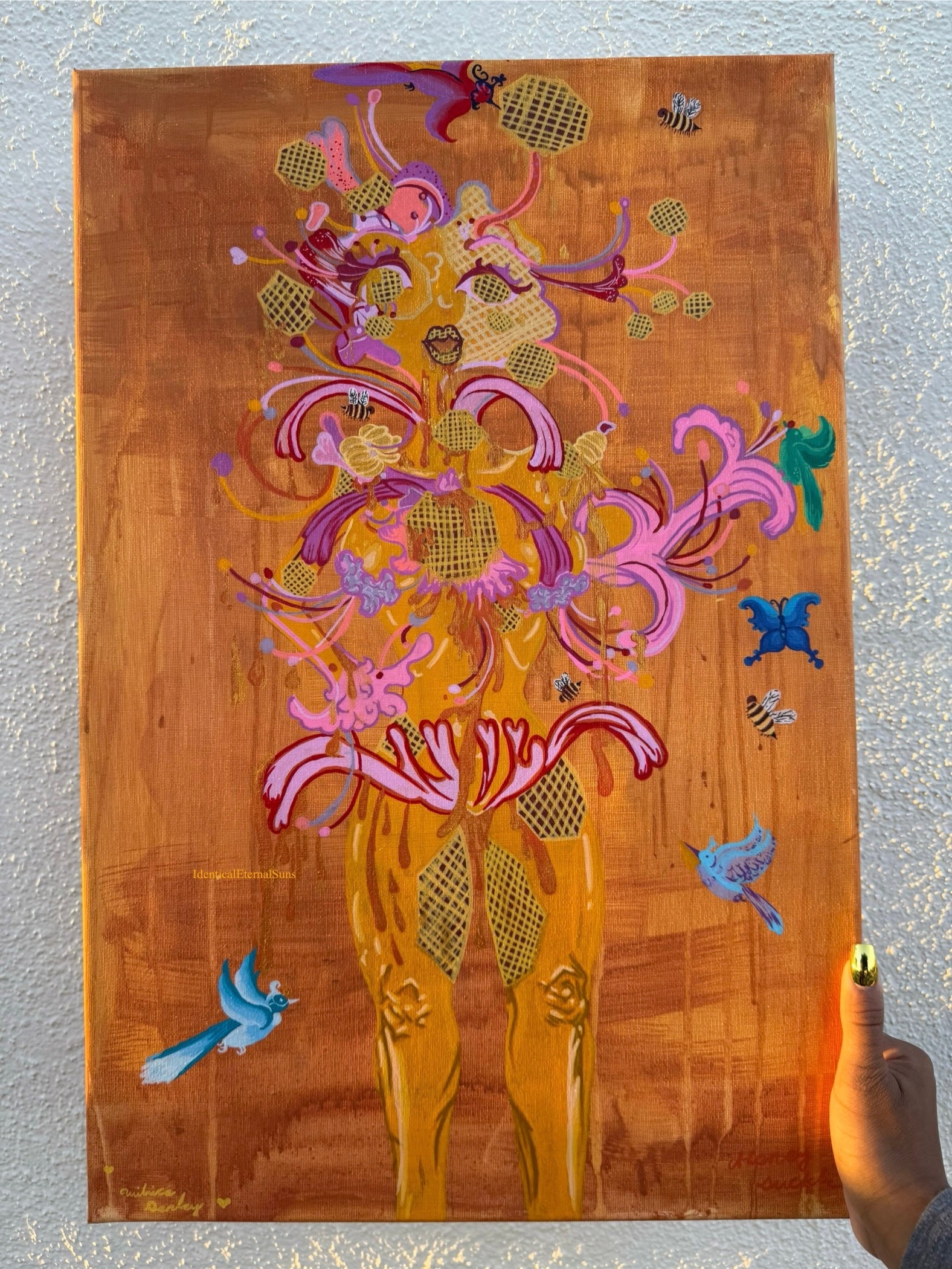 Abundantka Honeysuckle: the honeycomb femme Original Painting, flowerpower, sacred feminine, bee priestess, milk and honey, creator, heaven on earth, surrealism, Abundantka Honeysuckle honeycomb femme, painting, golden hour, golden, honey, nectar, radiance, brilliance, abundance, beauty, sweetness, fantastical art, surreal paintings, whimsical artwork, colorful surrealism, detailed fantasy art, vibrant surreal art, highly detailed paintings, maximalist art, colorful fine art, imaginative painting, dreamlike