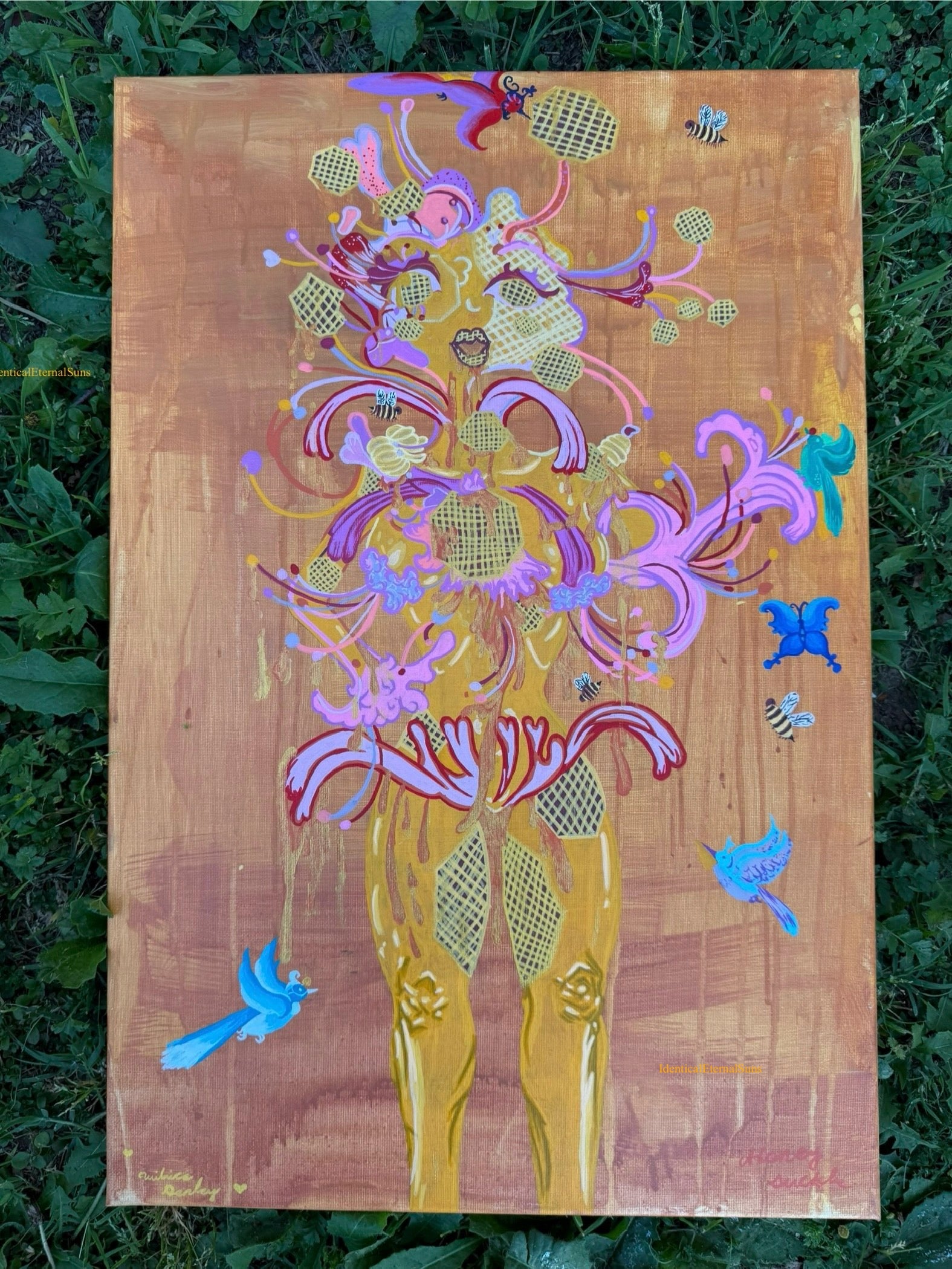 Abundantka Honeysuckle: the honeycomb femme Original Painting, flowerpower, sacred feminine, bee priestess, milk and honey, creator, heaven on earth, surrealism, Abundantka Honeysuckle honeycomb femme, painting, golden hour, golden, honey, nectar, radiance, brilliance, abundance, beauty, sweetness, fantastical art, surreal paintings, whimsical artwork, colorful surrealism, detailed fantasy art, vibrant surreal art, highly detailed paintings, maximalist art, colorful fine art, imaginative painting, dreamlike