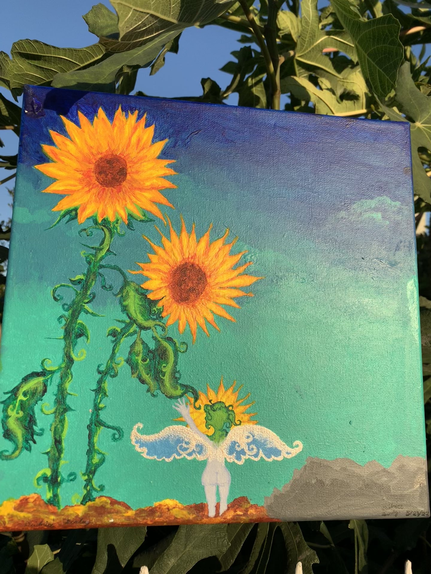 sunflower painting, sunflower parents, sunflower painting for sale, sunflower art, sunflower family, sunflower child, Sunflower family art, whimsical painting, sunflower surrealism painting, otherworldly art, heartfelt nature surrealism, plant lovers, plant family, sunflower family love original painting, mystical art, magical art, fantasy art, fairy art, faerie, ethereal art, enchanting, contemporary art, Identicaleternalsuns