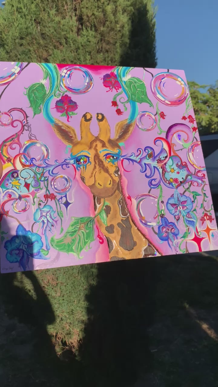 Rainbow trippy giraffe painting. Giraffe wood rainbow painting for sale. Psychedelic giraffe painting on wood. Rainbow baby giraffe wishes you to have a great day. Rainbow giraffe. Inner child artwork. Bubbly art for sale. Baby giraffe painting. Playful animal artwork for sale. Baby giraffe artwork. Colorful giraffe art, Rainbow Baby Giraffe in Euphoria, Rainbow Baby Giraffe in Euphoria Original Painting, animal room decor, giraffe room decor, giraffe wall art, trippy colorful giraffe painting