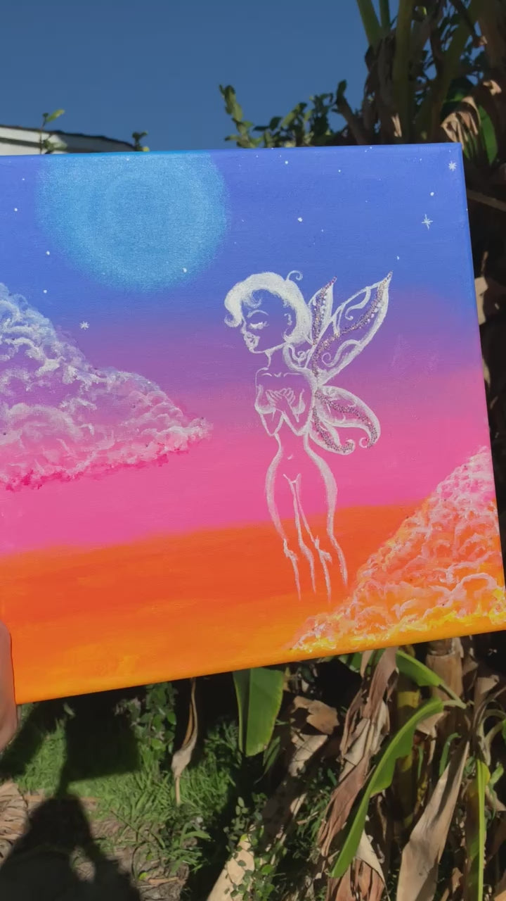 Sweetheart Diamond Femme Fairy from Mother Gaia visits the earth realm to assist in the collective heart awakening. Rhinestone artwork, Crystal fairy, sweetheart diamond fairy, Sparkle Fairy art. Faerie paintings, pixie fairy artwork for sale. Fairy Ombre Colorful art. Sweetheart Diamond Femme Fairy Embellished Acrylic painting, IdenticalEternalSuns