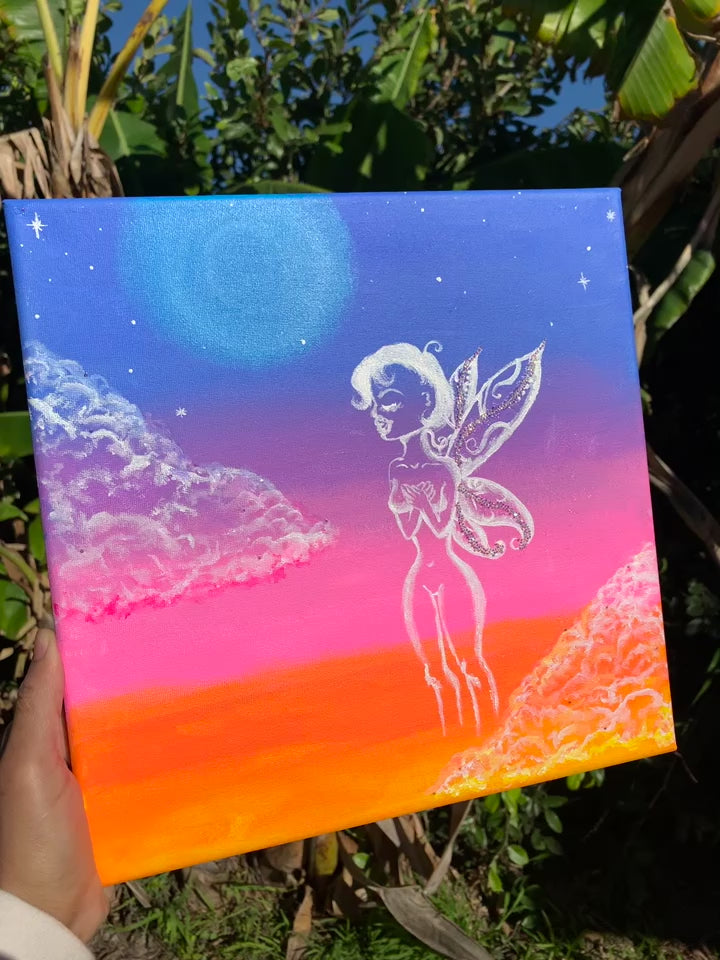 Sweetheart Diamond Femme Fairy from Mother Gaia visits the earth realm to assist in the collective heart awakening. Rhinestone artwork, Crystal fairy, sweetheart diamond fairy, Sparkle Fairy art. Faerie paintings, pixie fairy artwork for sale. Fairy Ombre Colorful art. Sweetheart Diamond Femme Fairy Embellished Acrylic painting, IdenticalEternalSuns