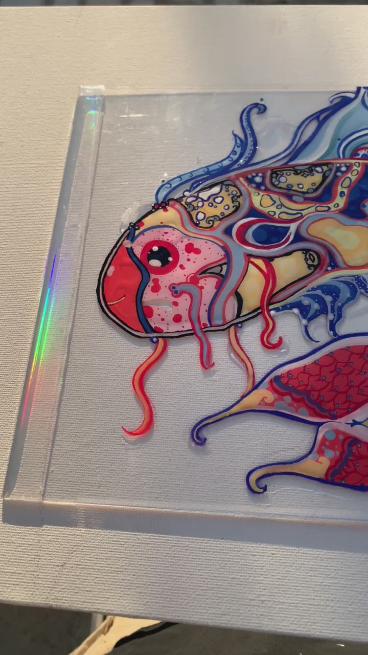 Identicaleternalsuns, art collection, art buyer, Identicaleternalsuns, DenleyTwins, Whimsical, radiant, otherworldly, glorious, fantastical, eternal, divine, Dreamy Fish, Aquarium wonderland, Frutiger Aero vibes, identicaleternalsuns, Ecstatic, frutiger aero art, fish painting on glass, koi, koifish art, mixed media , fishart, fish glass painting, iridescentart, underwaterart, traditional art, contemporary art, asian art, nature art, vibrant colors, handmade