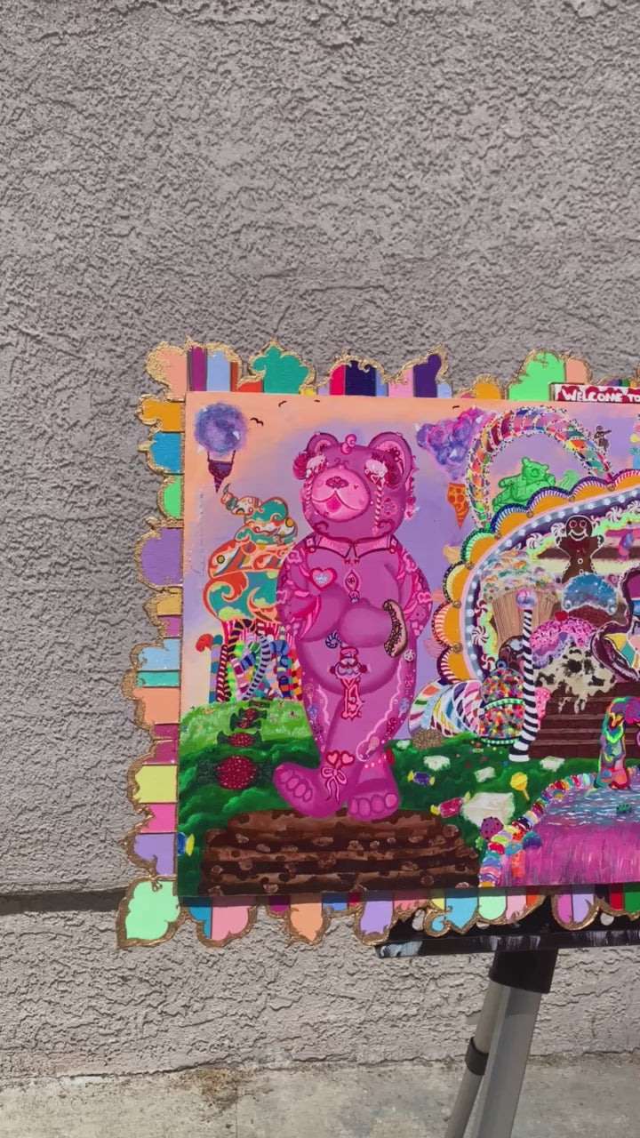 Sugar Bear Palace, Sugar Bear Palace Original Painting, Identicaleternalsuns, art collection, DenleyTwins, whimsical, interactiveart, majestic, ecstatic, colorful, wonderland, surrealism, childlike, visionaryart, art ,painting, expression, sugarbears, uniquefinds, sweetheart, homesweethome, candyshop, bearart, nostalgia, sugar, candy, candyland, palace, sweettooth, dessert, kindness, otherworldly, cute, empathy, sugarbearartwork, bakeryart, candystoreartwork, candyshopart,