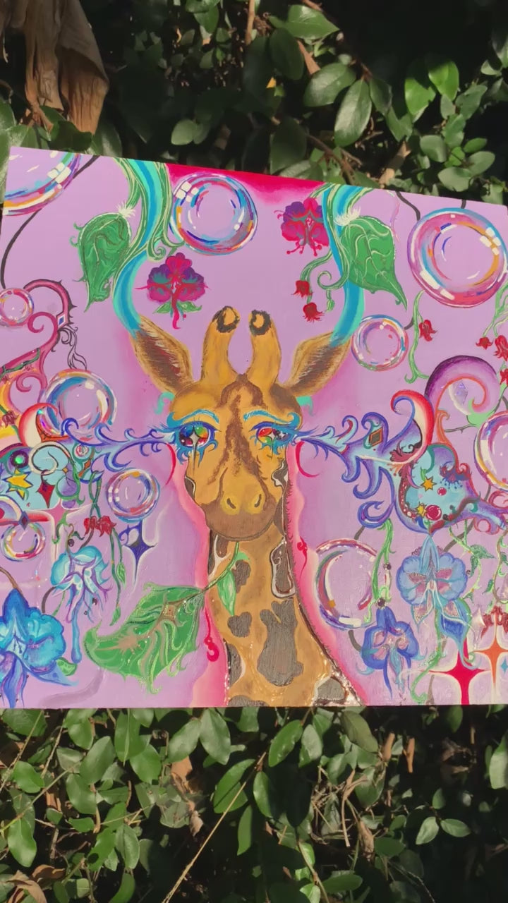 Rainbow trippy giraffe painting. Giraffe wood rainbow painting for sale. Psychedelic giraffe painting on wood. Rainbow baby giraffe wishes you to have a great day. Rainbow giraffe. Inner child artwork. Bubbly art for sale. Baby giraffe painting. Playful animal artwork for sale. Baby giraffe artwork. Colorful giraffe art, Rainbow Baby Giraffe in Euphoria, Rainbow Baby Giraffe in Euphoria Original Painting, animal room decor, giraffe room decor, giraffe wall art, trippy colorful giraffe painting