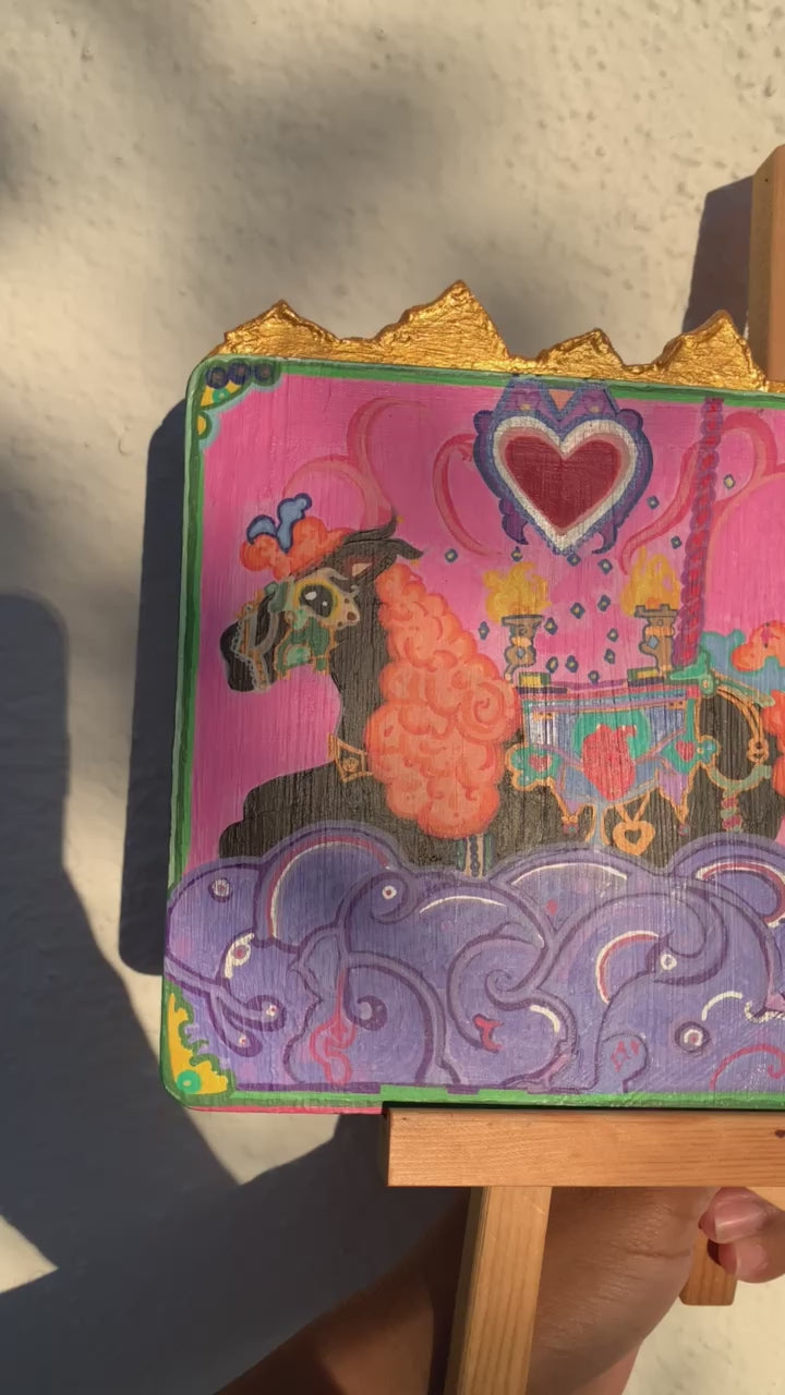 Colorful carousel-themed pony mini painting artwork. The Miraculous Carousel Girls wooden painting book, vibrantart, equineart, carouselride, merrygoroundmagic, immersiveart, nostalgickidcore, hopefulart, innocentjoy, nurserydecor, babygirlroom, childlikemagic, playfulimagination, joyfulplaytime, majesticlookbook, nurserybabyart, babygirldecor, cherishablekeepsakes, functionalsurrealism, surrealismsculpture