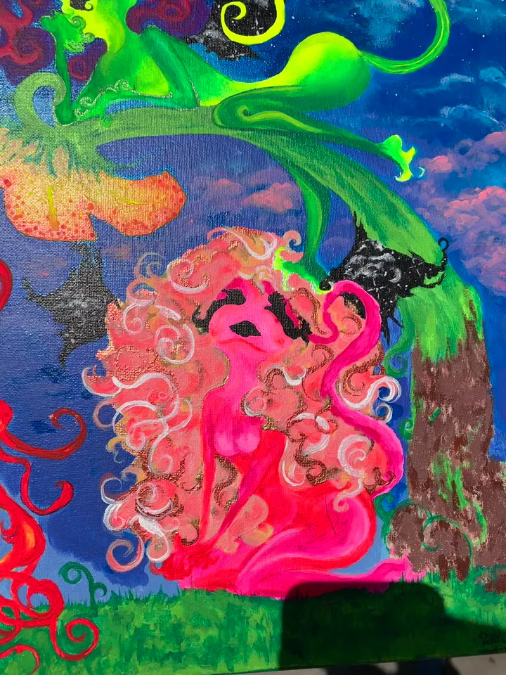 Whimsical creatures art, Beautiful mythical colorful creature artwork, Otherworldly alien painting, Femme alien artwork for sale, three feminine neon entities, Trippy Neon alien original canvas art, skateboard shop art, colorful a lien pop painting for sale, Trippy rave Alien artwork, Psychedelic alien canvas, Sci-Fi rainbow alien painting, IdenticalEternalSuns, Neon Ethereal Entities of Tara