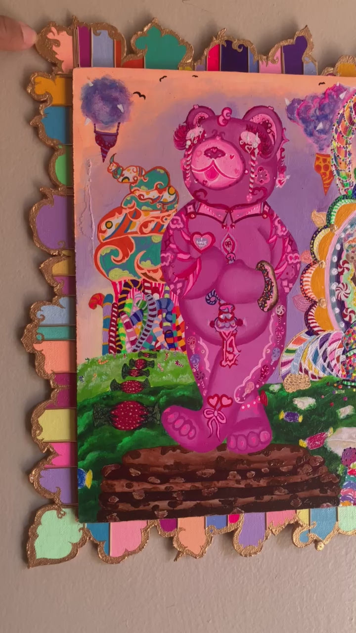 Sugar Bear Palace, Sugar Bear Palace Original Painting, Identicaleternalsuns, art collection, DenleyTwins, whimsical, interactiveart, majestic, ecstatic, colorful, wonderland, surrealism, childlike, visionaryart, art ,painting, expression, sugarbears, uniquefinds, sweetheart, homesweethome, candyshop, bearart, nostalgia, sugar, candy, candyland, palace, sweettooth, dessert, kindness, otherworldly, cute, empathy, sugarbearartwork, bakeryart, candystoreartwork, candyshopart,