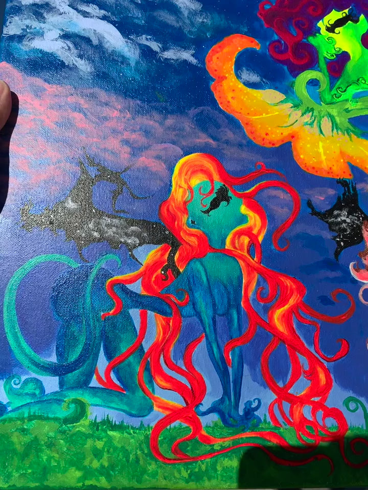 Whimsical creatures art, Beautiful mythical colorful creature artwork, Otherworldly alien painting, Femme alien artwork for sale, three feminine neon entities, Trippy Neon alien original canvas art, skateboard shop art, colorful a lien pop painting for sale, Trippy rave Alien artwork, Psychedelic alien canvas, Sci-Fi rainbow alien painting, IdenticalEternalSuns, Neon Ethereal Entities of Tara