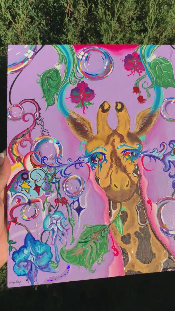 Rainbow trippy giraffe painting. Giraffe wood rainbow painting for sale. Psychedelic giraffe painting on wood. Rainbow baby giraffe wishes you to have a great day. Rainbow giraffe. Inner child artwork. Bubbly art for sale. Baby giraffe painting. Playful animal artwork for sale. Baby giraffe artwork. Colorful giraffe art, Rainbow Baby Giraffe in Euphoria, Rainbow Baby Giraffe in Euphoria Original Painting, animal room decor, giraffe room decor, giraffe wall art, trippy colorful giraffe painting