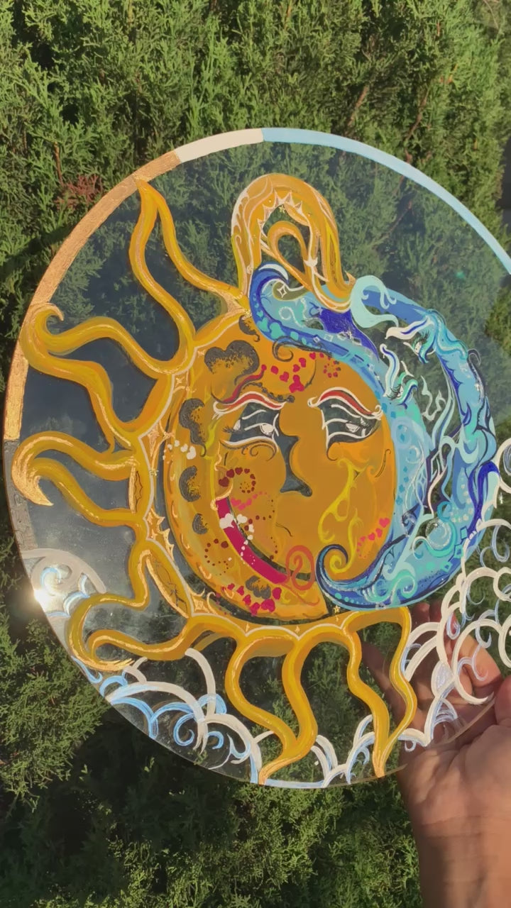 The Sun and Moon Night and Day painting,  mixed media painting sun and moon, eclectic nature room decor, avantgarde sun and moon art, night and day painting, clear playful sun and moon art, whimsical sun, sun radiance, sun and moon night and day mixed media, surrealism, ecstatic, Solar activity, Solar system planet art, sun and moon painting aesthetic, sun and moon room decor, witchy decor, unique nature decoration, Identicaleternalsuns