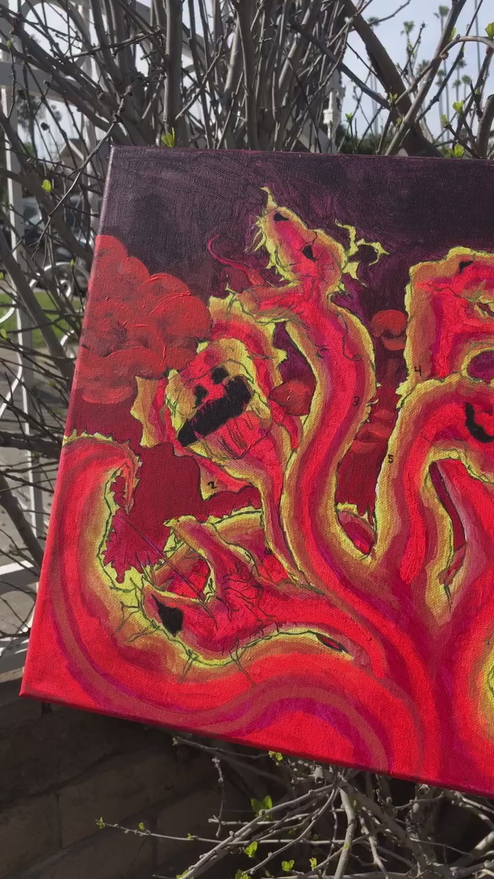 Red Hydras, multiple-headed dragons, trippy hydra painting, hydra artwork, hydra painting for sale, hydra heads artwork for sale, multiple hydra heads artwork, hydra art, hydra family, Thermal Hydras Original Painting, IdenticalEternalSuns, red room decor, Aries art