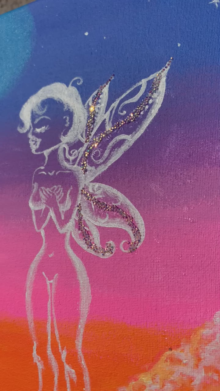 Sweetheart Diamond Femme Fairy from Mother Gaia visits the earth realm to assist in the collective heart awakening. Rhinestone artwork, Crystal fairy, sweetheart diamond fairy, Sparkle Fairy art. Faerie paintings, pixie fairy artwork for sale. Fairy Ombre Colorful art. Sweetheart Diamond Femme Fairy Embellished Acrylic painting, IdenticalEternalSuns