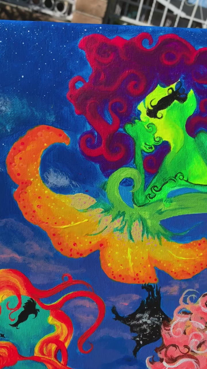 Whimsical creatures art, Beautiful mythical colorful creature artwork, Otherworldly alien painting, Femme alien artwork for sale, three feminine neon entities, Trippy Neon alien original canvas art, skateboard shop art, colorful a lien pop painting for sale, Trippy rave Alien artwork, Psychedelic alien canvas, Sci-Fi rainbow alien painting, IdenticalEternalSuns, Neon Ethereal Entities of Tara