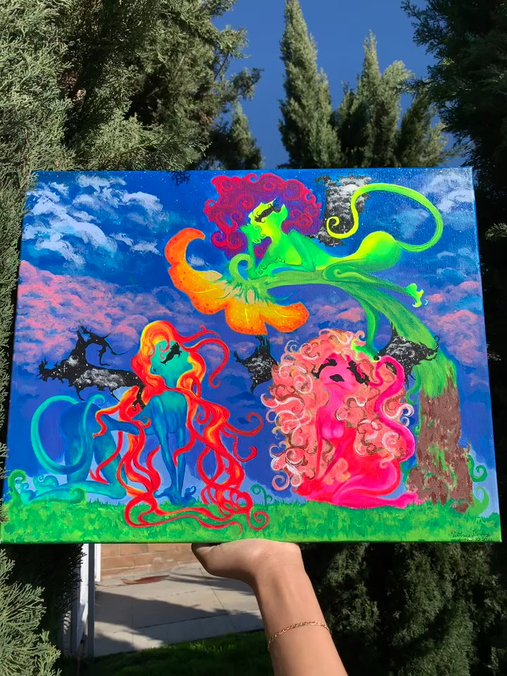 Whimsical creatures art, Beautiful mythical colorful creature artwork, Otherworldly alien painting, Femme alien artwork for sale, three feminine neon entities, Trippy Neon alien original canvas art, skateboard shop art, colorful a lien pop painting for sale, Trippy rave Alien artwork, Psychedelic alien canvas, Sci-Fi rainbow alien painting, IdenticalEternalSuns, Neon Ethereal Entities of Tara