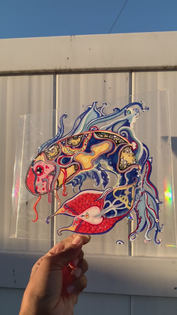 Identicaleternalsuns, art collection, art buyer, Identicaleternalsuns, DenleyTwins, Whimsical, radiant, otherworldly, glorious, fantastical, eternal, divine, Dreamy Fish, Aquarium wonderland, Frutiger Aero vibes, identicaleternalsuns, Ecstatic, frutiger aero art, fish painting on glass, koi, koifish art, mixed media , fishart, fish glass painting, iridescentart, underwaterart, traditional art, contemporary art, asian art, nature art, vibrant colors, handmade