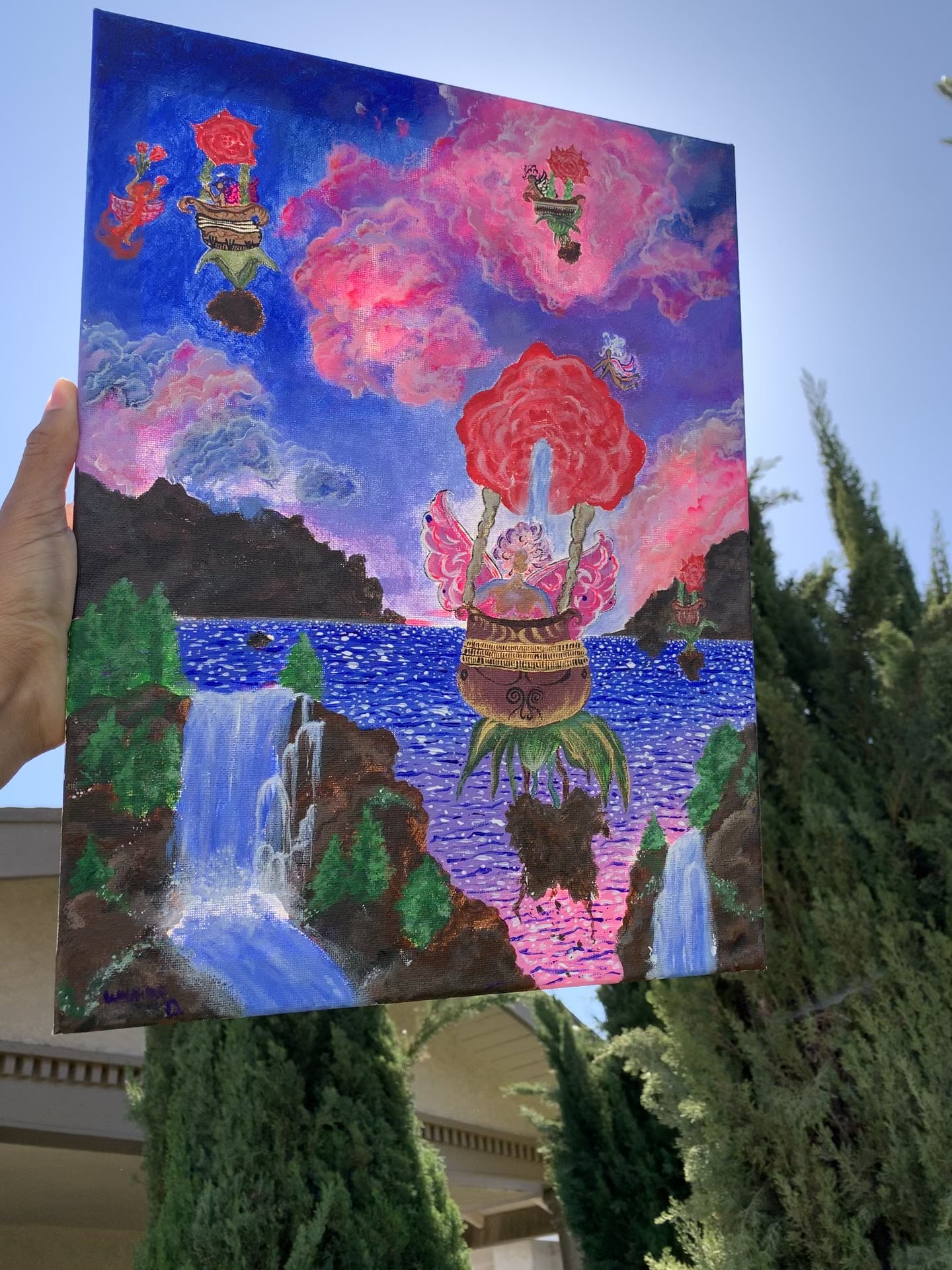 Rose gathering femmes take flight Original painting, Femme fairies from Mother Gaia takes flight in their new rose flower hot air ballooned vehicles. These fairies travel far and wide to make sure the frequencies in the air are encrypted with unconditional love. Surreal rose artwork. Rose Femmes painting for sale. Whimsical fantastical paintings and artworks for sale. Playful hot air balloon women, Identicaleternalsuns