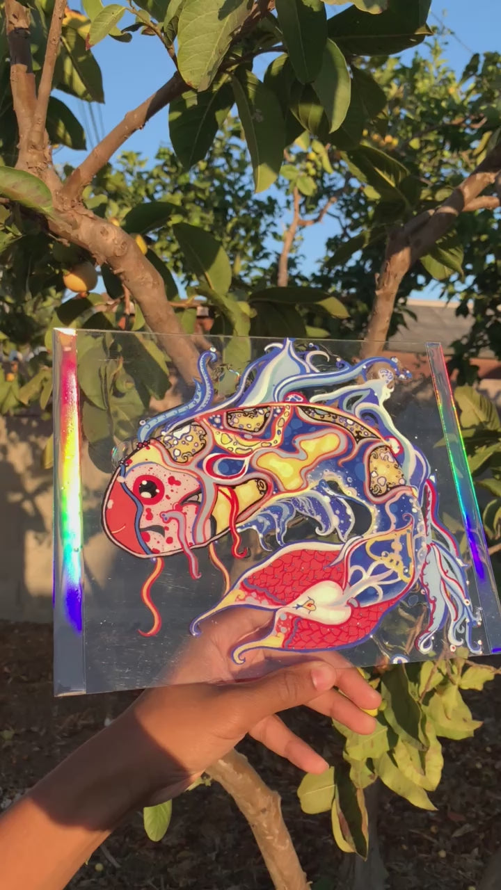 Identicaleternalsuns, art collection, art buyer, Identicaleternalsuns, DenleyTwins, Whimsical, radiant, otherworldly, glorious, fantastical, eternal, divine, Dreamy Fish, Aquarium wonderland, Frutiger Aero vibes, identicaleternalsuns, Ecstatic, frutiger aero art, fish painting on glass, koi, koifish art, mixed media , fishart, fish glass painting, iridescentart, underwaterart, traditional art, contemporary art, asian art, nature art, vibrant colors, handmade