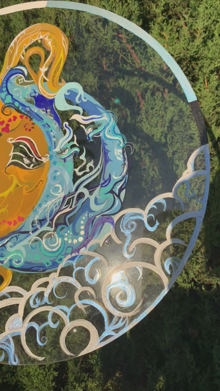 The Sun and Moon Night and Day painting,  mixed media painting sun and moon, eclectic nature room decor, avantgarde sun and moon art, night and day painting, clear playful sun and moon art, whimsical sun, sun radiance, sun and moon night and day mixed media, surrealism, ecstatic, Solar activity, Solar system planet art, sun and moon painting aesthetic, sun and moon room decor, witchy decor, unique nature decoration, Identicaleternalsuns