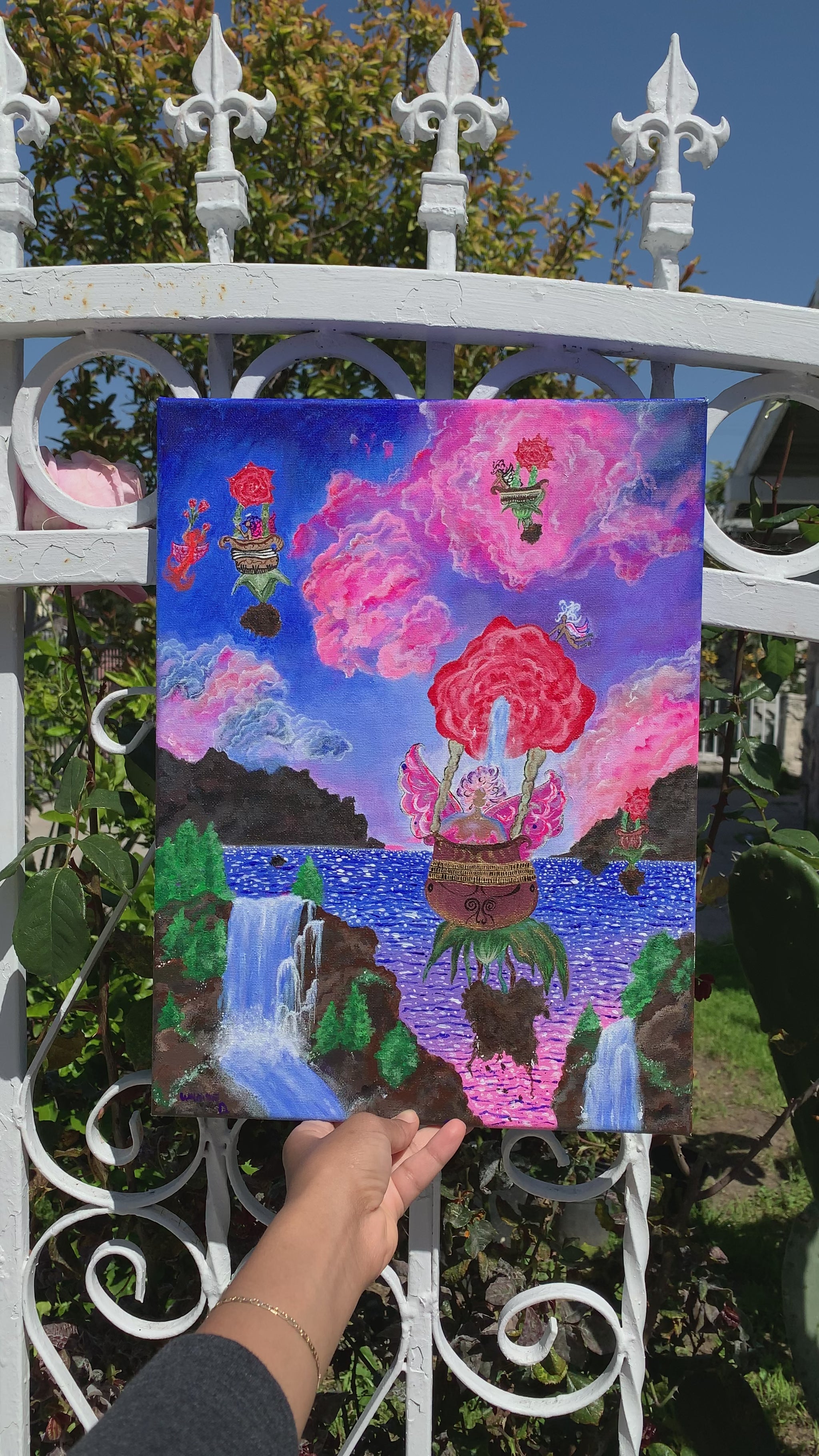 Rose gathering femmes take flight Original painting, Femme fairies from Mother Gaia takes flight in their new rose flower hot air ballooned vehicles. These fairies travel far and wide to make sure the frequencies in the air are encrypted with unconditional love. Surreal rose artwork. Rose Femmes painting for sale. Whimsical fantastical paintings and artworks for sale. Playful hot air balloon women, Identicaleternalsuns