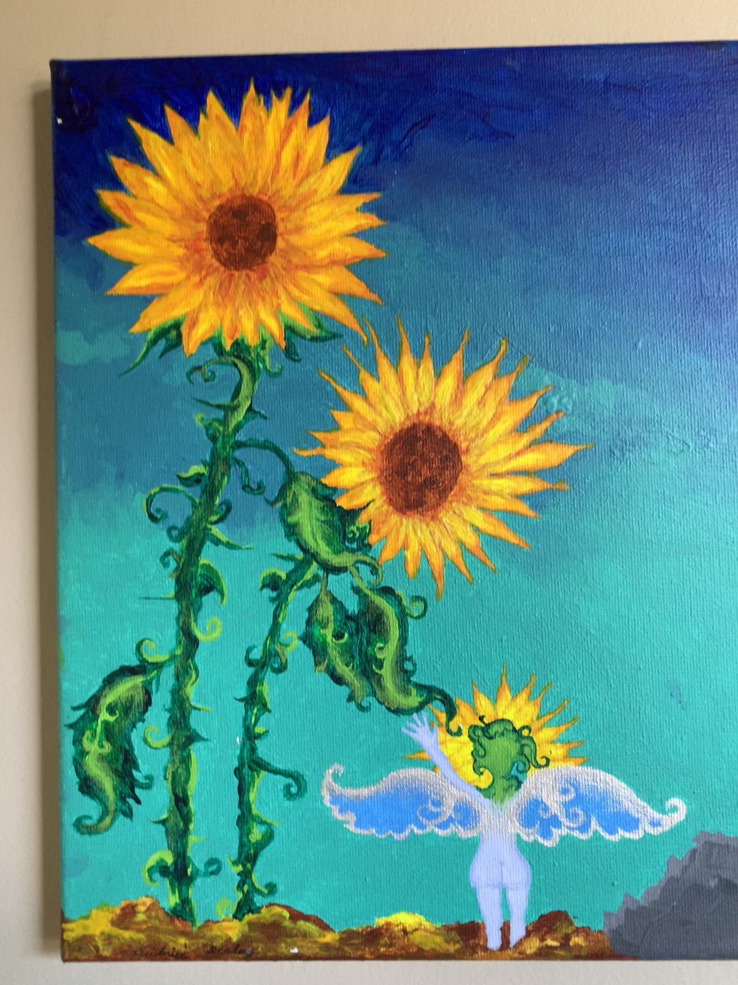 sunflower painting, sunflower parents, sunflower painting for sale, sunflower art, sunflower family, sunflower child, Sunflower family art, whimsical painting, sunflower surrealism painting, otherworldly art, heartfelt nature surrealism, plant lovers, plant family, sunflower family love original painting, mystical art, magical art, fantasy art, fairy art, faerie, ethereal art, enchanting, contemporary art, Identicaleternalsuns